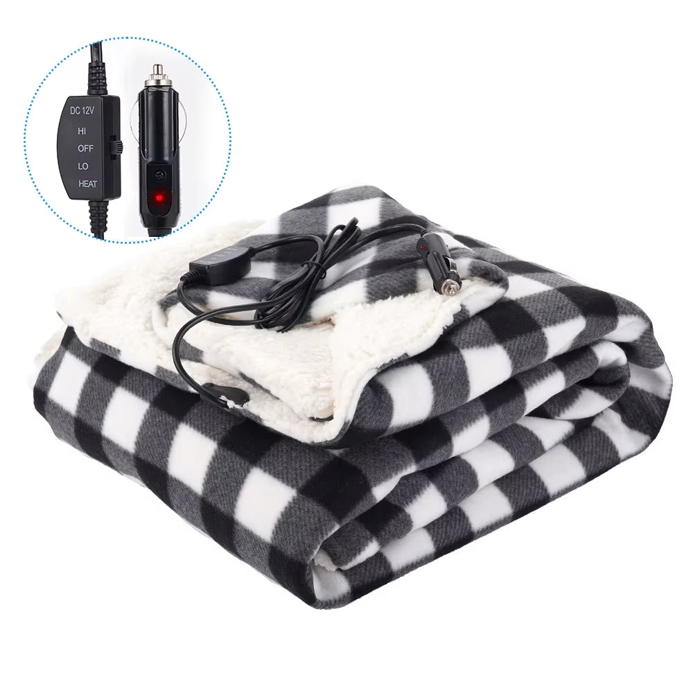 150×110CM Electric Blanket 12V 60W Thickened White Velvet High Low Switch 2M Extended Power Cord Winter Car Home Warm Blanket
