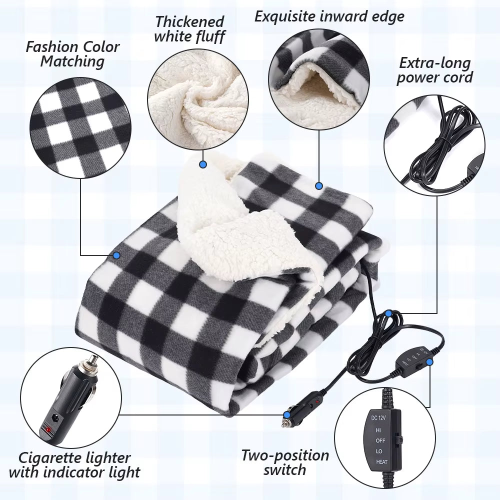 150×110CM Electric Blanket 12V 60W Thickened White Velvet High Low Switch 2M Extended Power Cord Winter Car Home Warm Blanket