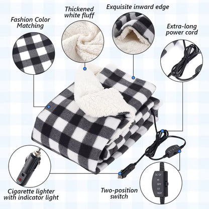 150×110CM Electric Blanket 12V 60W Thickened White Velvet High Low Switch 2M Extended Power Cord Winter Car Home Warm Blanket