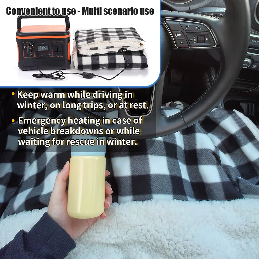 150×110CM Electric Blanket 12V 60W Thickened White Velvet High Low Switch 2M Extended Power Cord Winter Car Home Warm Blanket